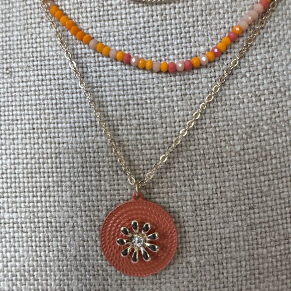 Isaac Mizrahi Orange Gold Layered 3 Chain Statement Necklace 10,5" Drop NEW - Picture 4 of 9